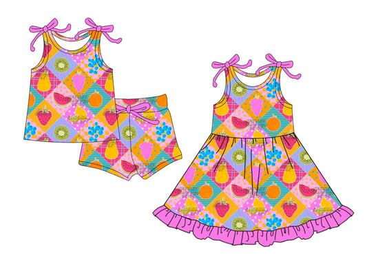 4.14 custom each style moq 5eta 4-6week Sibling Sister fruits baby girl short sleeve shorts sets and dresses match design