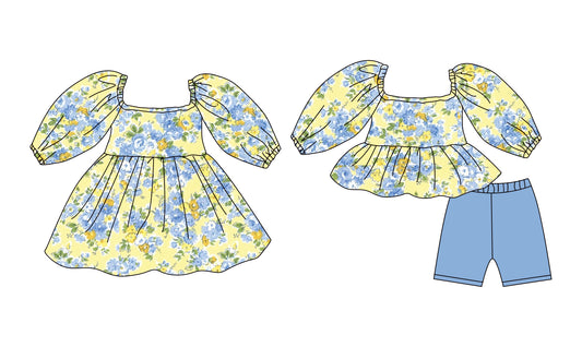 25.12.8 custom each style moq 5 eta 6-8week Sibling Sister floral blue baby short sleeve shorts sets and dress match design