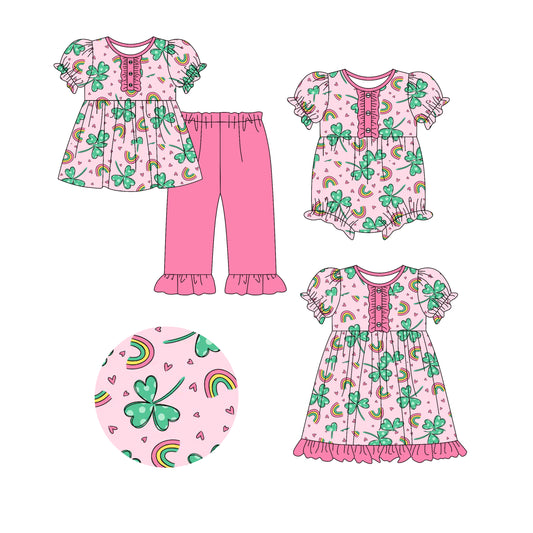 25.9.14 custom each style moq 5eta 6-8week Sibling Sisters rainbow baby girl short sleeve shorts sets and dress and rompers match family design