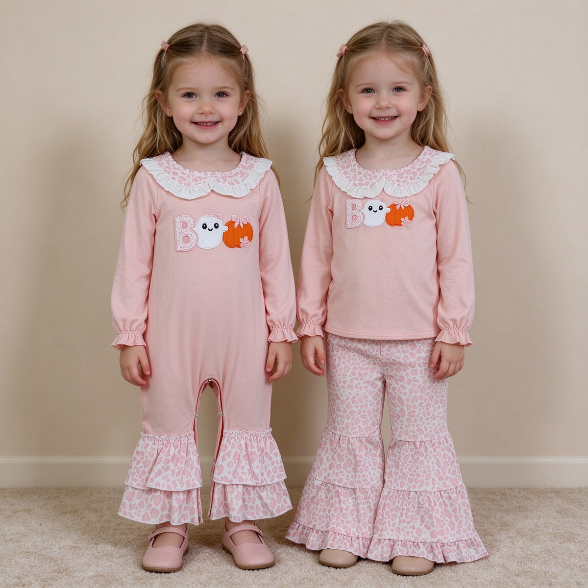 RTS NO MOQ Sibling milk silk Embroidery Baby Girls Pumpkin Long Sleeve Top And Pink Leopard Tiered Ruffle Pants Set Romper Halloween Clothing