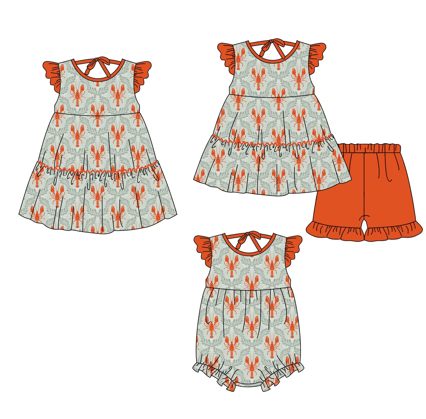3.20 Custom moq 5 mix size Sibling Baby Girl's Flutter Sleeve Top And Red Shorts Set Cute Romper Dress for Summer