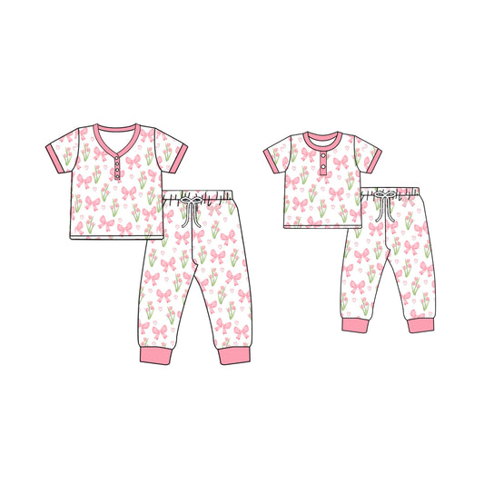 12.2 custom each style moq 5eta 4-6week Sibling Sister floral bow pink baby girls short sleeve pants sets and adult sets match design