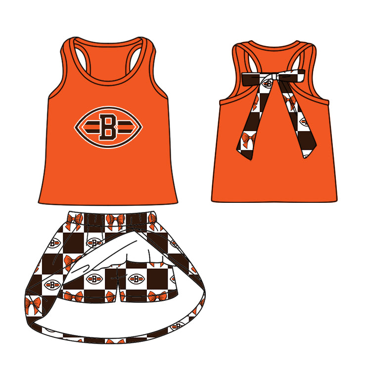 Custom moq 5 mix size milk silk summer teams Checked Baby Girl Orange Sleeveless Top Skirt Short Set Dress And Shorts Yoga Outfit Boy's Top Shorts Set Romper