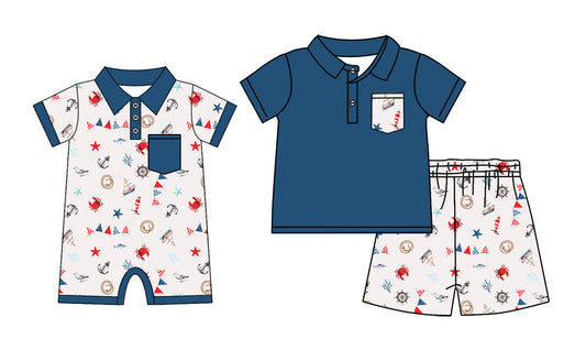 3.30 Custom moq 5 mix size Sibling Baby Boys Navy Blue 4th of July Short-Sleeved Top And Shorts Set Romper Summer Outfit