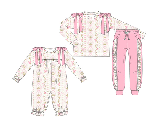 25.7.2 custom each style moq 5eta 4-6week Sibling Sisters bow floral baby girl long sleeve pants sets and rompers match family design