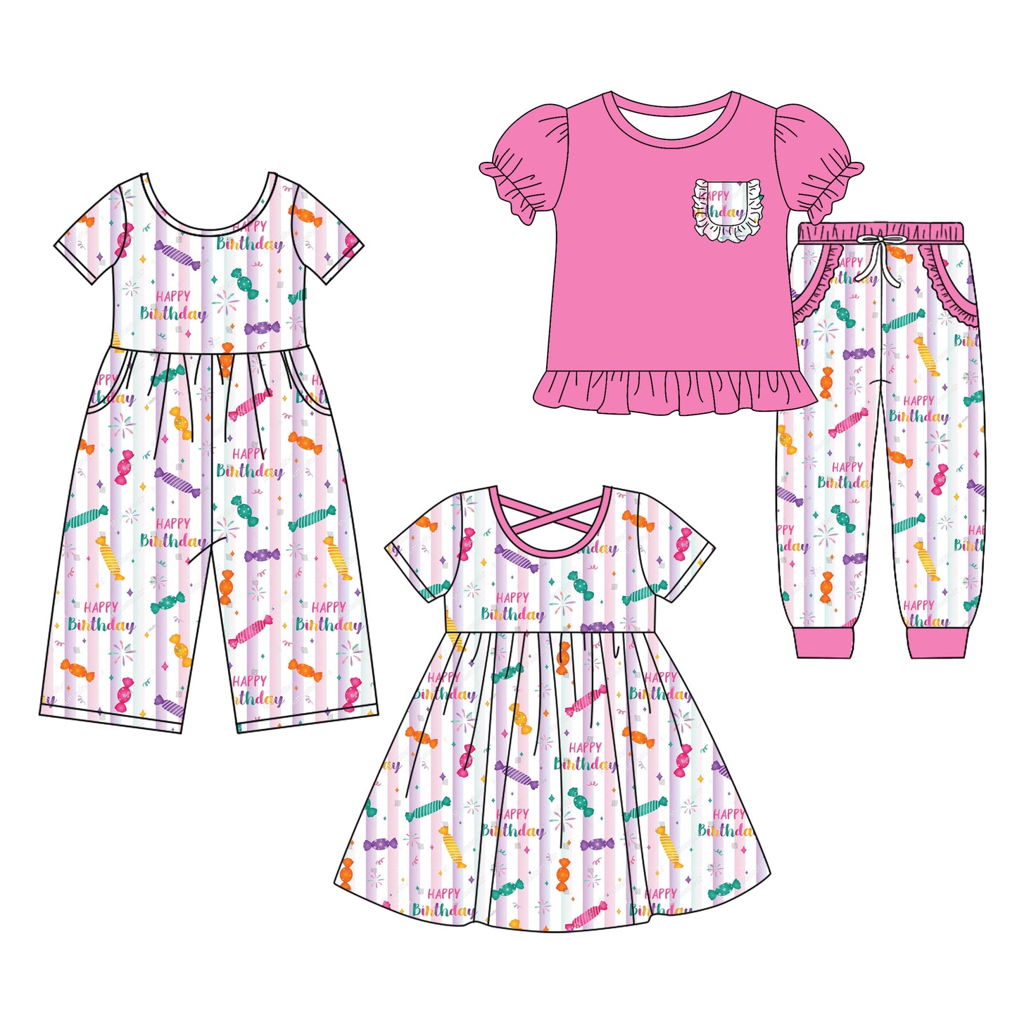 25.10.1 custom each style moq 8 eta 6-8week Sibling Sisters happy birthday baby girl short sleeve shorts sets and dress and jumpsuit match family design