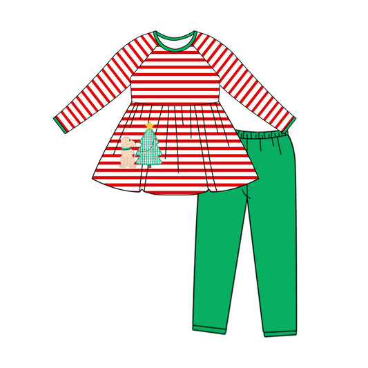 7.18 custom each style moq 5eta 4-6week Sibling Sister Christmas puppy red striped baby girls sets and top match family design