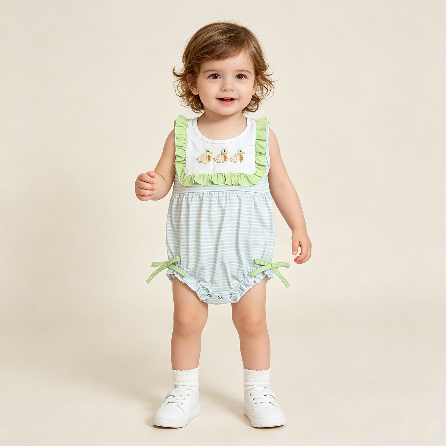 RTS NO MOQ SR4082 Toddler Girls Sleeveless Stripe Duck Embroidery Hunting Ruffle Rompers