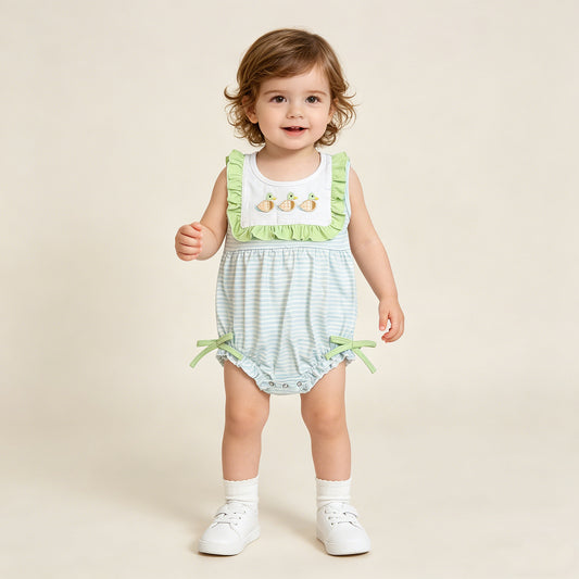 RTS NO MOQ SR4082 Toddler Girls Sleeveless Stripe Duck Embroidery Hunting Ruffle Rompers