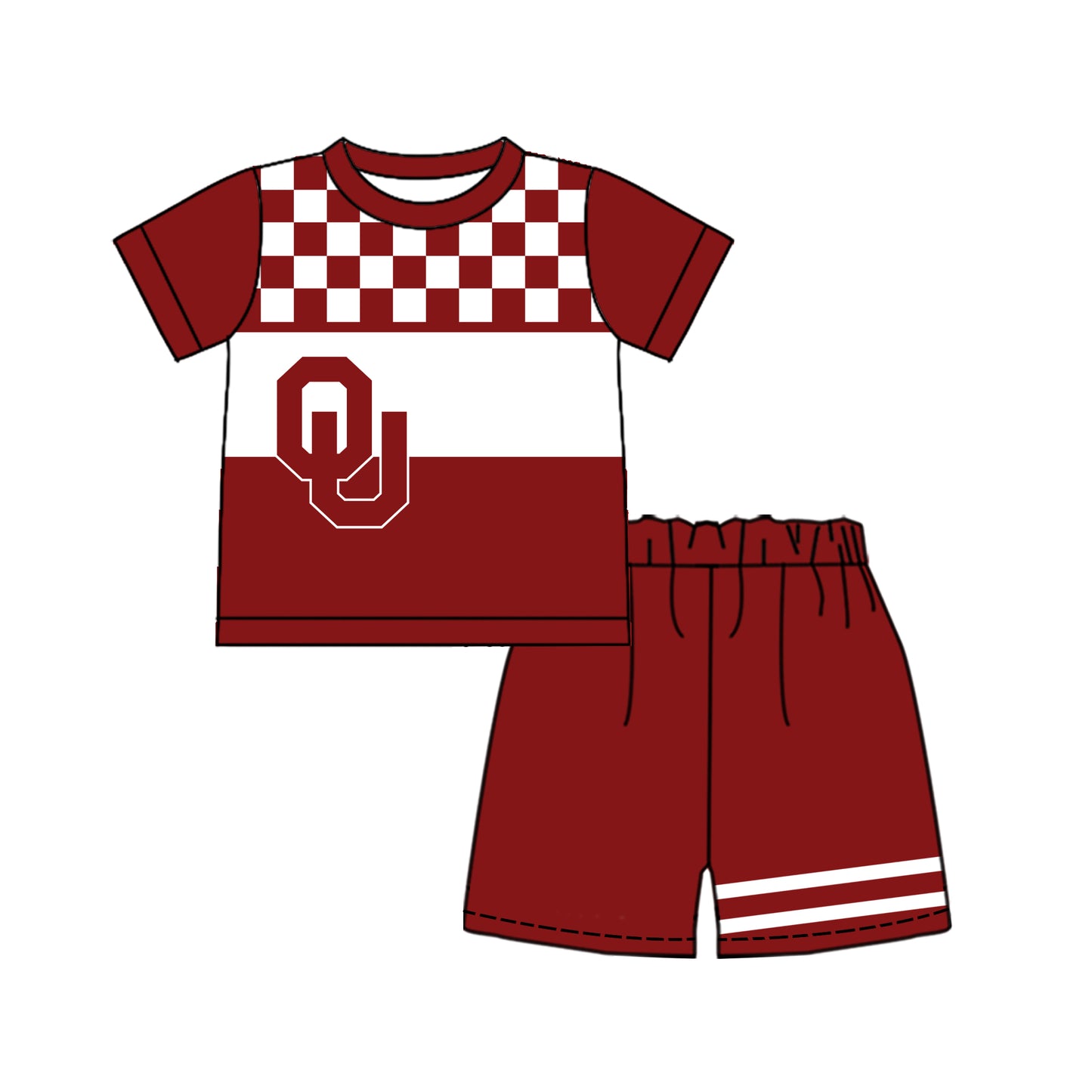 Custom moq 5 mix size milk silk summer teams Baby Boys Casual Dark Red Plaid Short Sleeve Top Shorts Set
