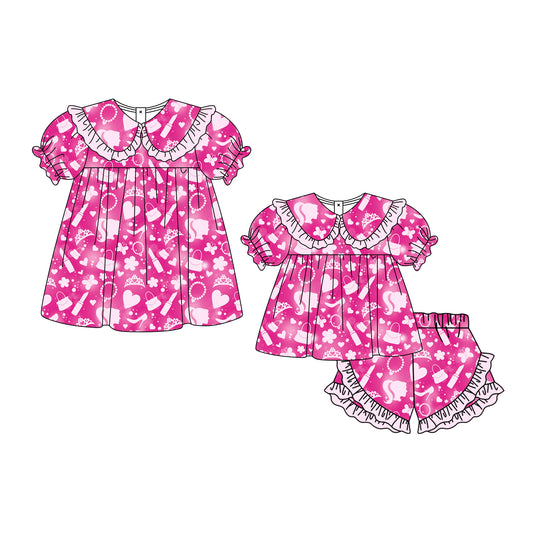 3.14 Custom moq 5 mix size Sibling Baby Girl's Pink Short-Sleeved Top And Shorts Set Cute Dress for Summer