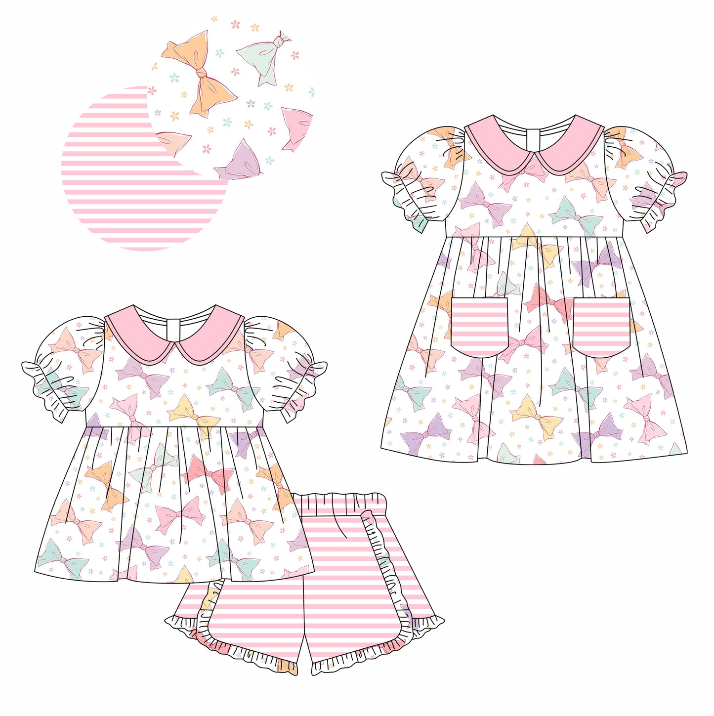 12.3 custom each style moq 5eta 4-6week Sibling Sister bow baby girl short sleeve shorts sets and dresses match design