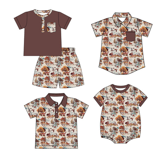 3.10 Custom moq 5 mix size Sibling Baby Boy's Brown Short-Sleeved Outfit Set with Matching Polo Shirt And Button-Down Shirt Romper