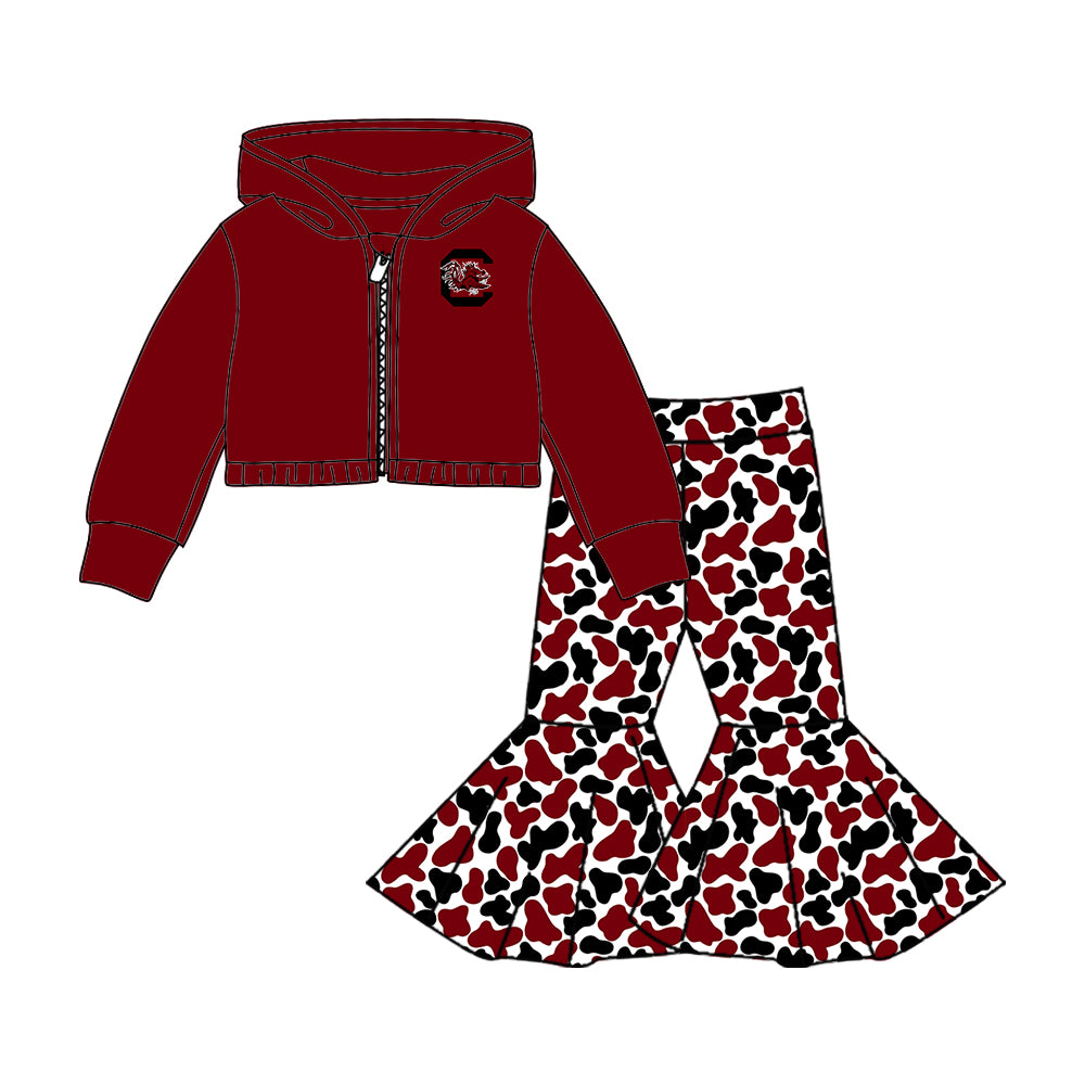 Custom moq 5 mix size milk silk summer teams baby girls clothes camouflage brick red hooded long sleeve pants sets 2 and boy pants sets and pant-25.8.7