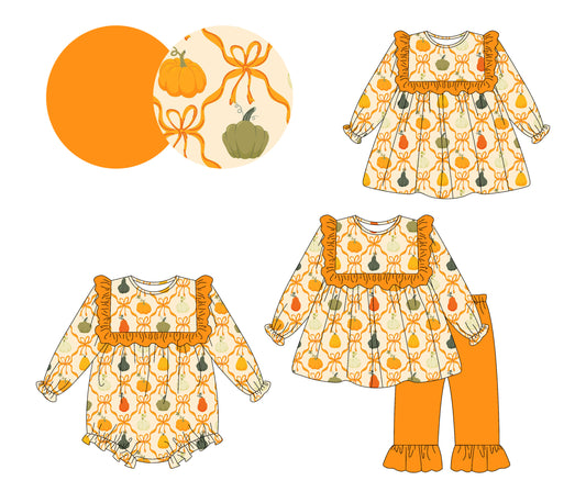 4.13 Custom moq 5 mix size Sibling Baby Girl's Pumpkin Orange Long-Sleeved Pants Set Matching Romper And Dress Outfit Set