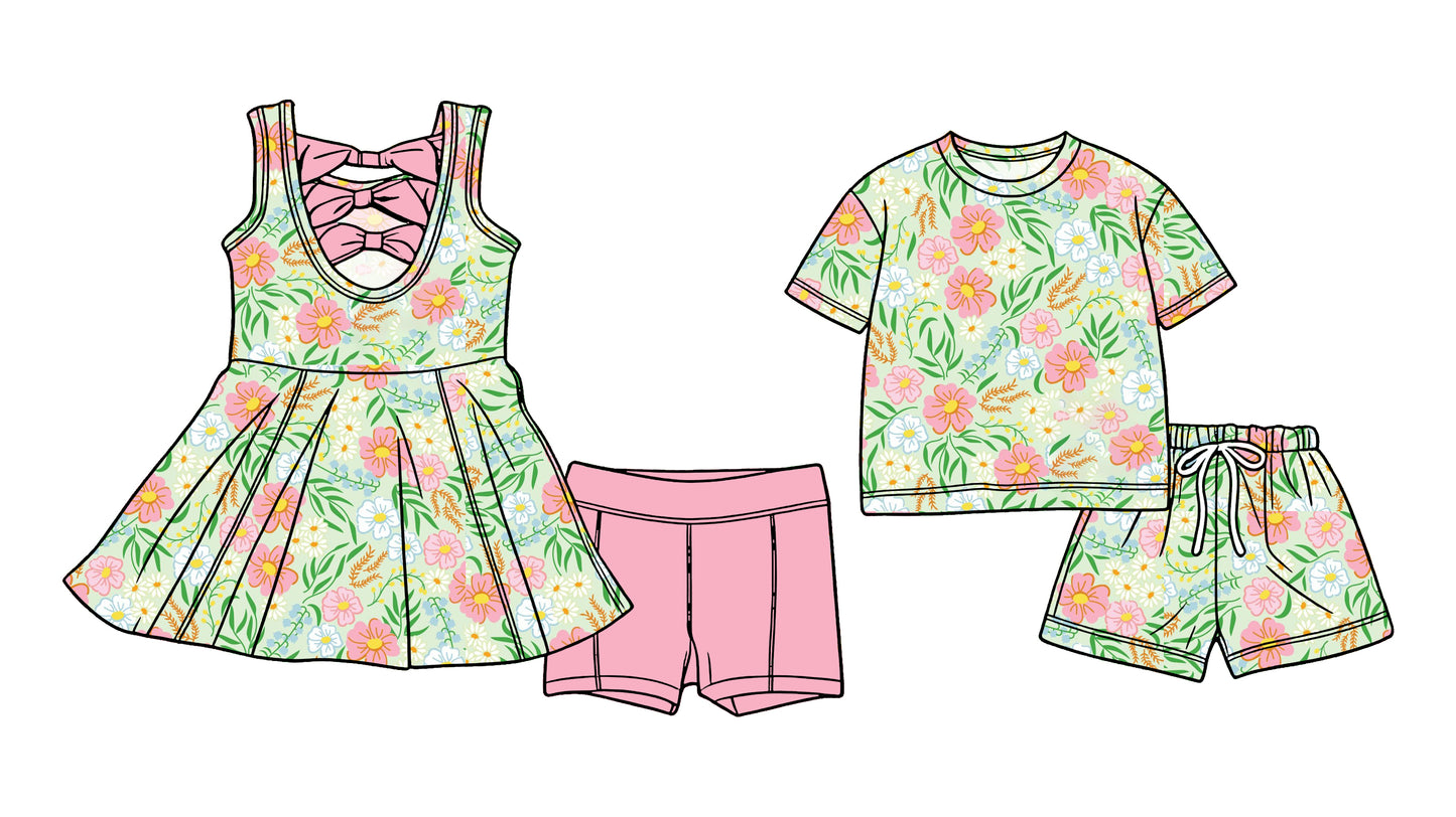 Custom moq 5 mix size Sibling Baby Girl green Sleeveless Yoga Dress And Shorts Outfit Short Sleeved Top And Shorts Set