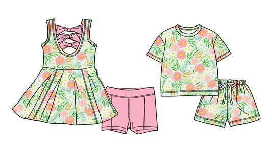 Custom moq 5 mix size Sibling Baby Girl green Sleeveless Yoga Dress And Shorts Outfit Short Sleeved Top And Shorts Set