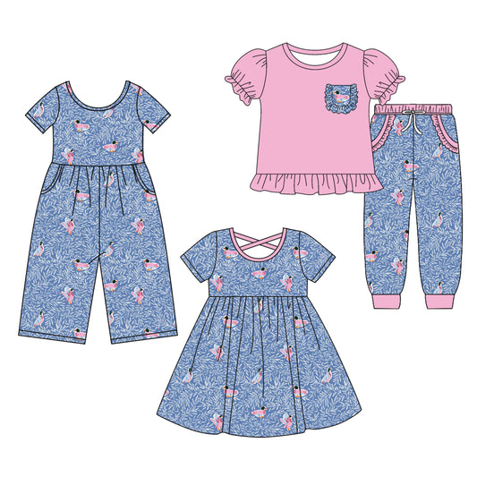 25.9.26 custom each style moq 8 eta 6-8week Sibling Sisters duck baby girl short sleeve shorts sets and dress and jumpsuit match family design