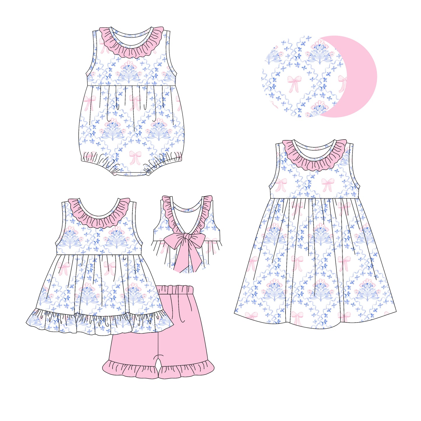 2.25 custom each style moq 5eta 4-6week Sibling Sisters floral bow baby girl short sleeve shorts sets and dress and rompers match family design