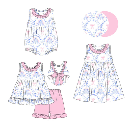 2.25 custom each style moq 5eta 4-6week Sibling Sisters floral bow baby girl short sleeve shorts sets and dress and rompers match family design