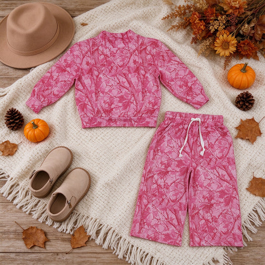 NEW RTS NO MOQ milk silk GLP3650(GT1823+P1137) Baby Girls Hot Pink Tree Camo Print Mock Neck Long Sleeve Sweatshirt Pants Casual Outfit Set