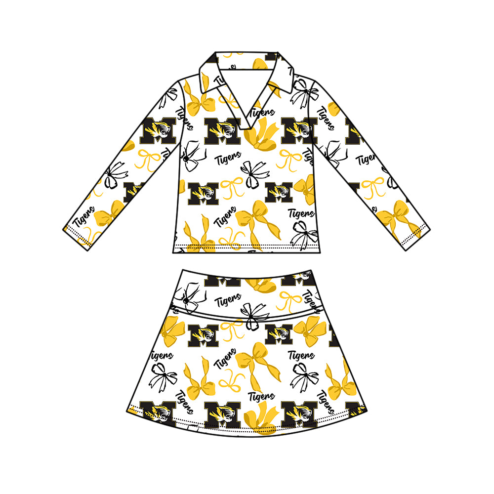 Custom moq 5 mix size summer teams Girls Polka Dot Top Shorts Set Yellow Bows Top Skirt Short Set Zipper Pullover Pants Set