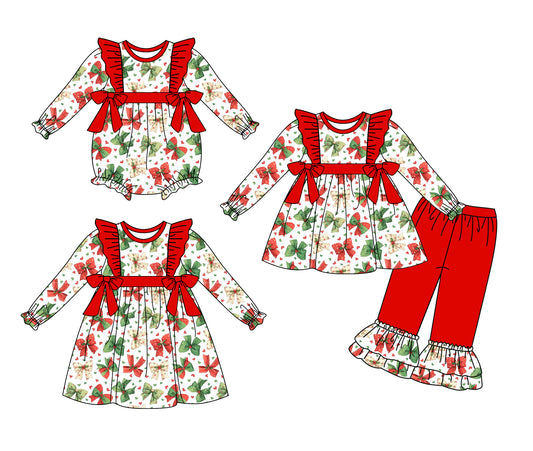 25.6.6 custom each style moq 5eta 4-6week Sibling Sisters Christmas bow red baby girl long sleeve pants sets and dress and rompers match family design