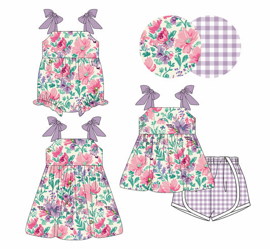 4.3 custom each style moq 5eta 4-6week Sibling Sisters floral baby girl short sleeve shorts sets and dress and rompers match family design