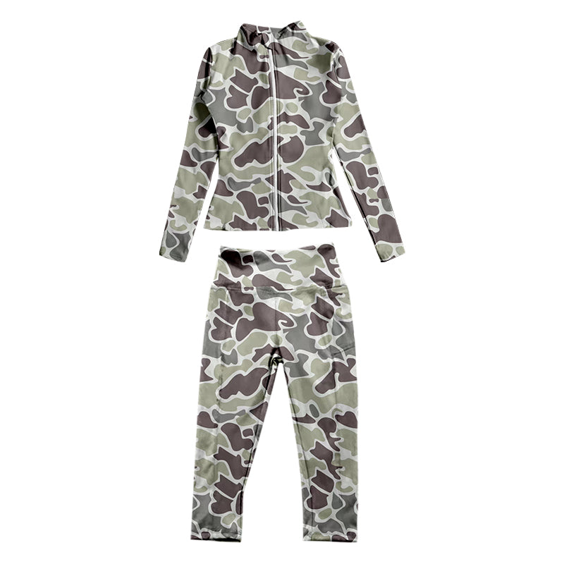 7.3 custom each style moq 5eta 4-6week baby girls clothes camouflage gray Yoga Suit Zipper Long Sleeve Pants Set