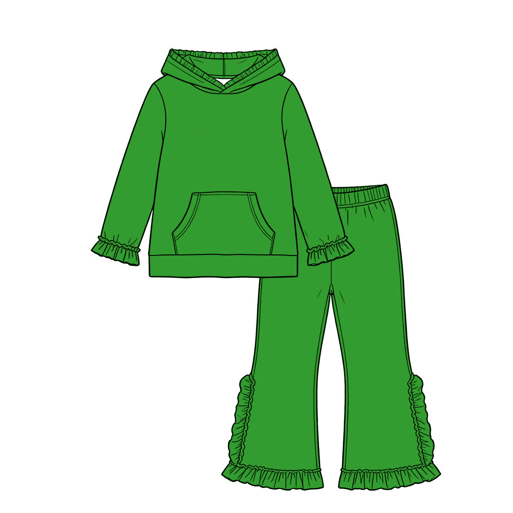 Custom moq 5 girls  Blank Cotton Fabric hooded long-sleeve top and pants set Grass-green hooded long-sleeved top and pants set with lace trim