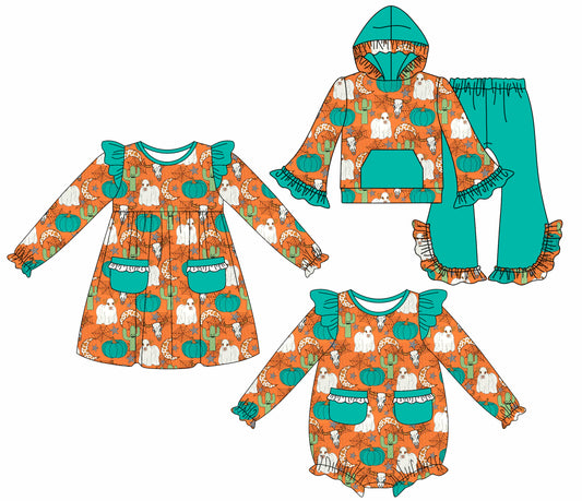 25.7.22 custom each style moq 5eta 4-6week Sibling Sisters ghost baby girl long sleeve pants sets and dress and rompers match family design