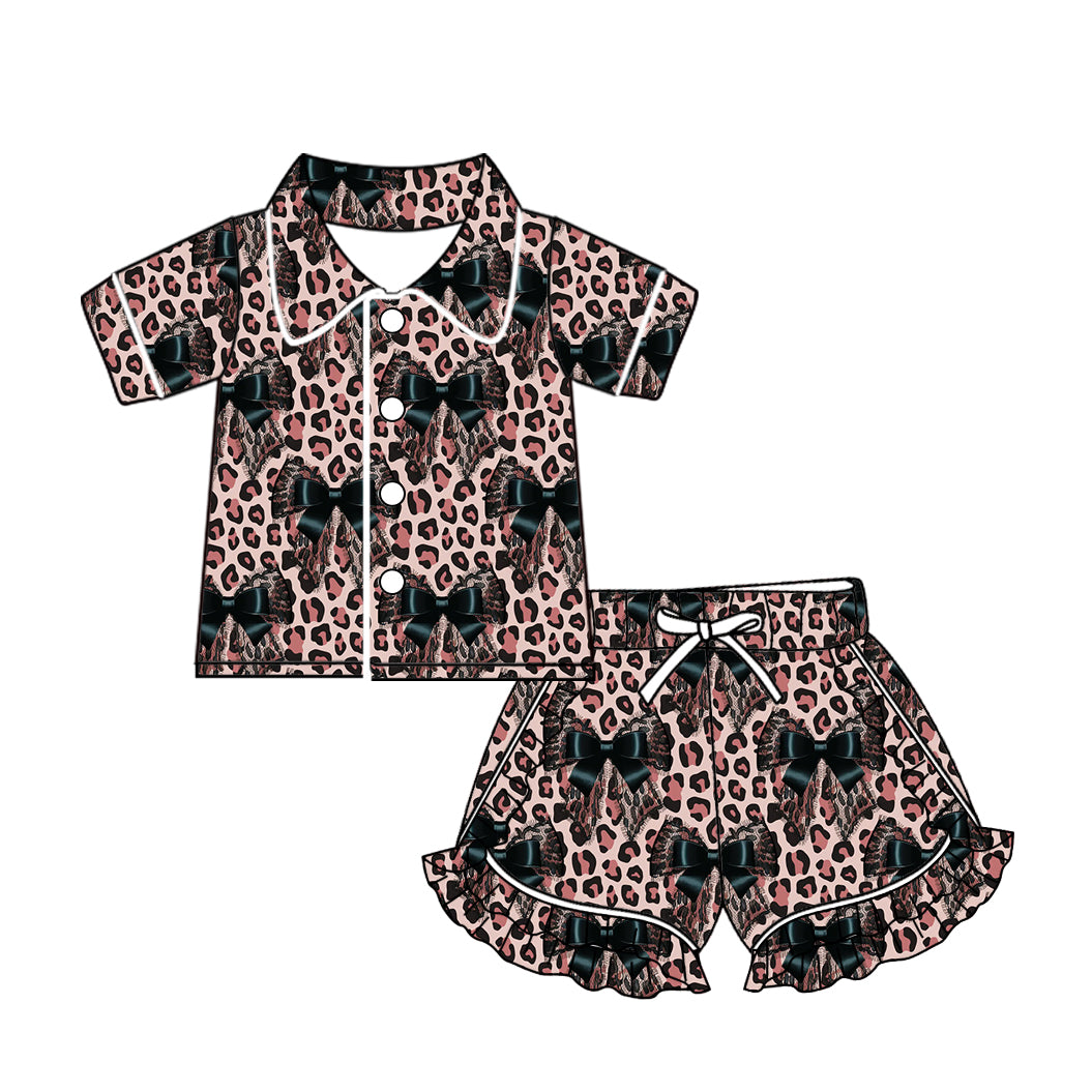10.22 custom each style moq 5eta 4-6week baby kids clothes leopard bow short sleeve shorts pajamas sets