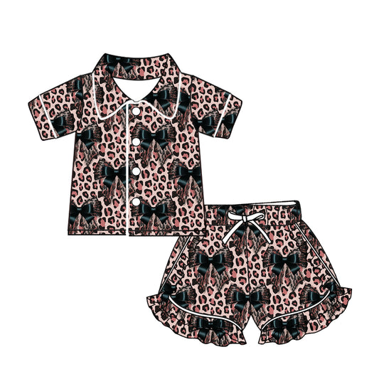 10.22 custom each style moq 5eta 4-6week baby kids clothes leopard bow short sleeve shorts pajamas sets
