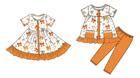 4.28 custom each style moq 5eta 4-6week Sibling Sister bow baby girl pants sets and dress match family design