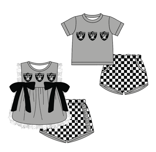 Custom moq 5 mix size milk silk summer teams Grey  Girl Sleeveless Top And Plaid Shorts Set with Bow Boy Short Sleeved Top And Plaid Shorts Set