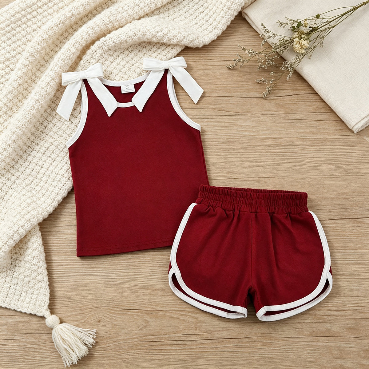 NEW RTS NO MOQ cotton GSSO3855 Baby Girls Maroon White Bows Sleeveless Vest Top Short Sets