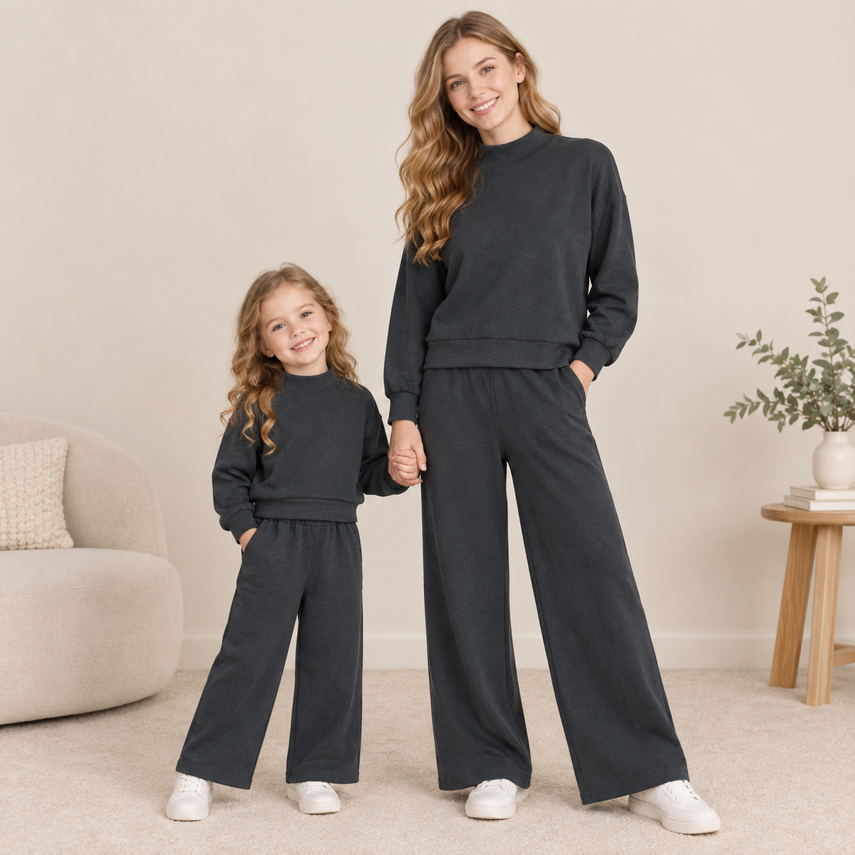 RTS NO MOQ Sibling cotton Adult To Match Kids High Neck Black Mock Neck Long Sleeve Top Wide Leg Pants Set