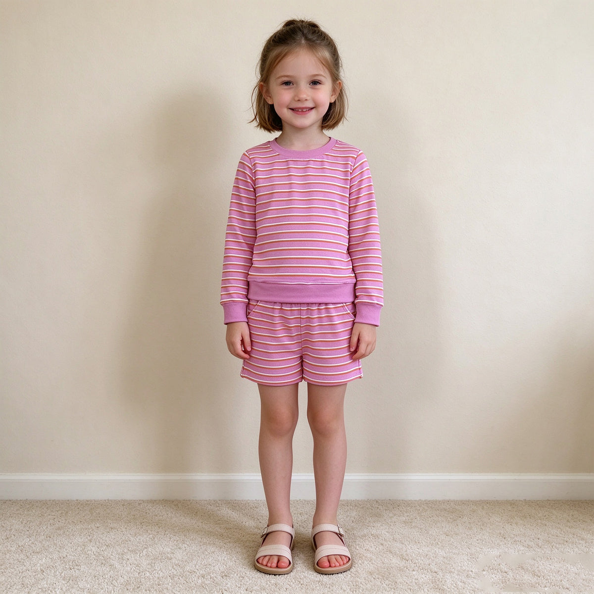 NEW RTS NO MOQ yoga fabric GLS0126 Yoga Baby Girls Pink Stripe Shirt Top Short Yoga Active Clothes Set