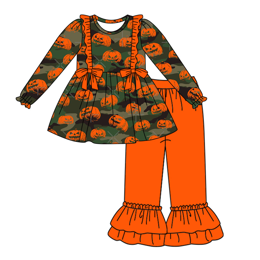 6.4 custom each style moq 5eta 4-6week Sibling Sister pumpkin orange baby girls outfits and dress and baby romper match family design