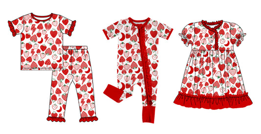 12.21 custom each style moq 5eta 4-6week Sibling Sister strawberry baby girl sets and dress and rompers match family design