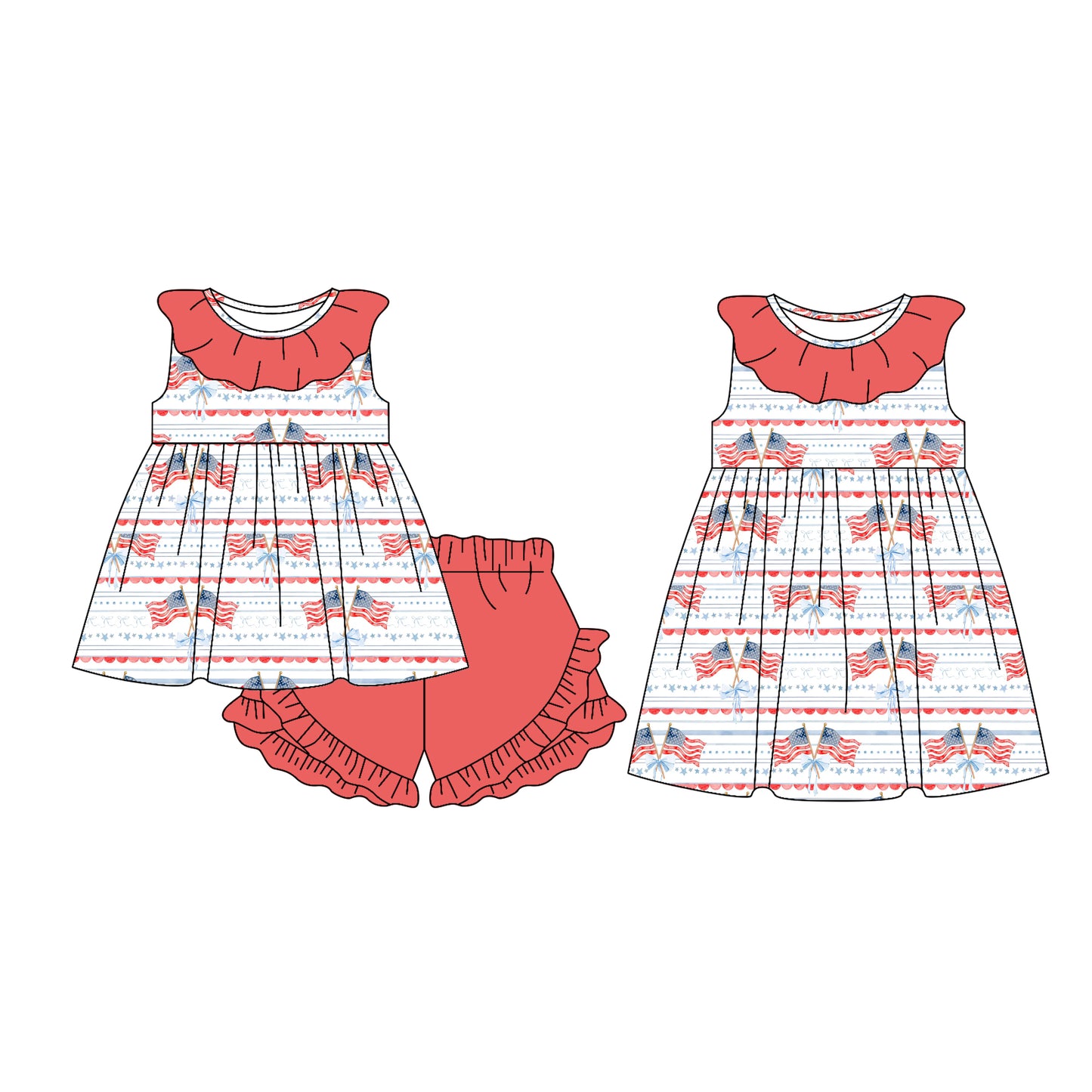 25.12.18 custom each style moq 5 eta 6-8week Sibling Sister flag baby short sleeve shorts sets and dress match design