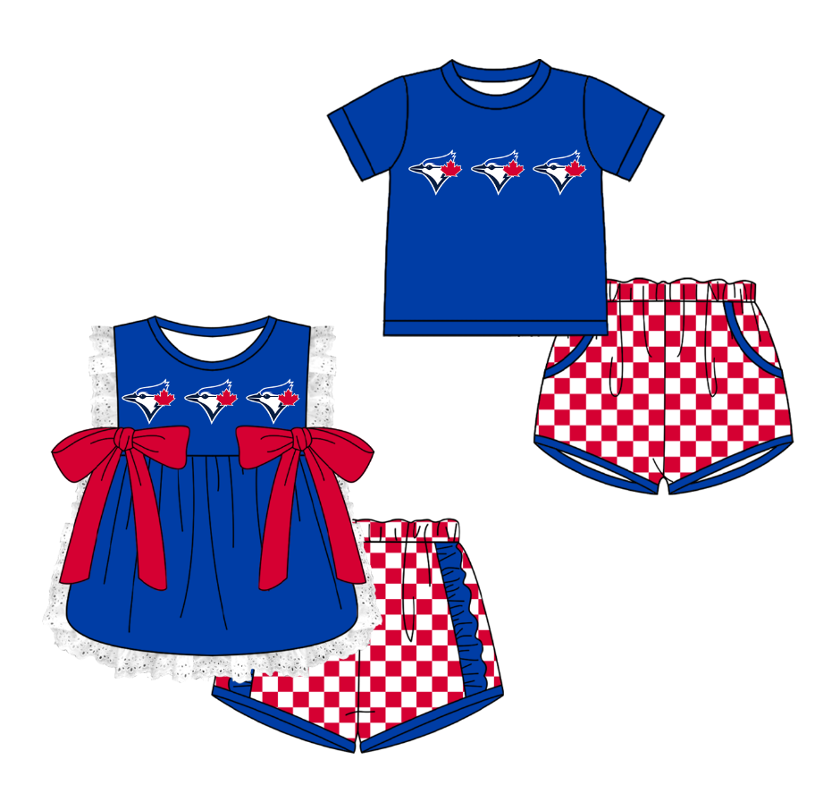 Custom moq 5 mix size milk silk summer teams Blue Girl Sleeveless Top And Plaid Shorts Set with Bow Boy Short Sleeved Top And Plaid Shorts Set