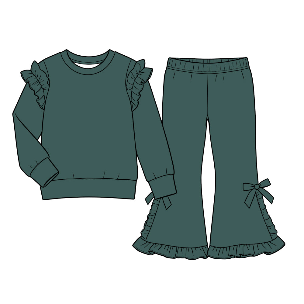 Custom moq 5  cotton fabric girls ruffle sets  solid color blank Dark green long-sleeved sweatshirt with ruffled trim and matching slightly flared trousers featuring side bows
