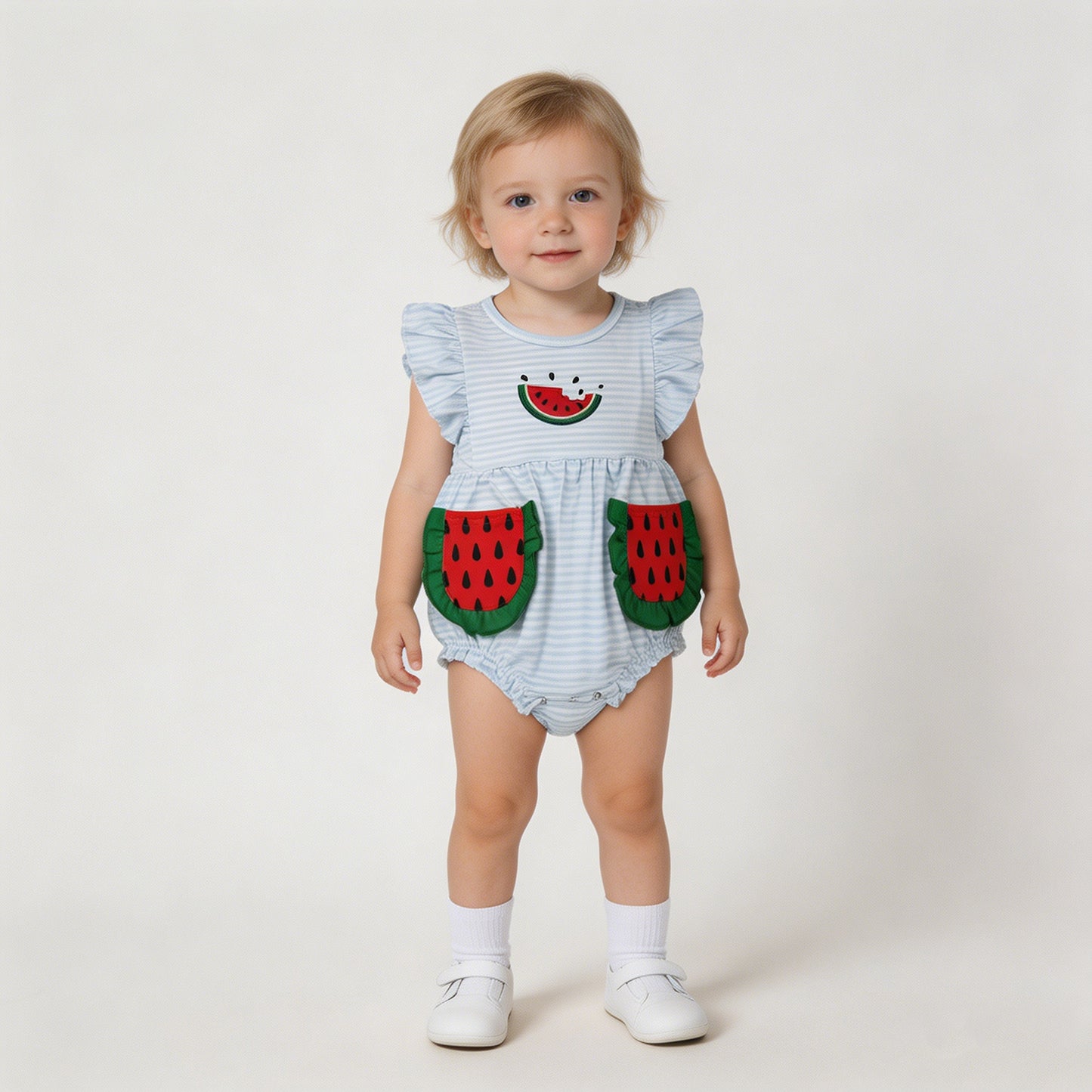 RTS NO MOQ milk silk SR4153 Baby Girls Cute Watermelon Embroidery Blue Stripe Ruffle Romper With Pockets And Flutter Sleeve