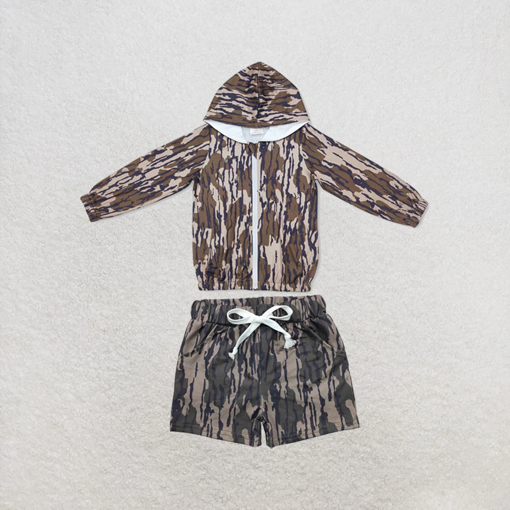 RTS NO MOQ Sibling milk silk Baby Boys Camo Hoodie Top Pocket Shorts Casual Outfit