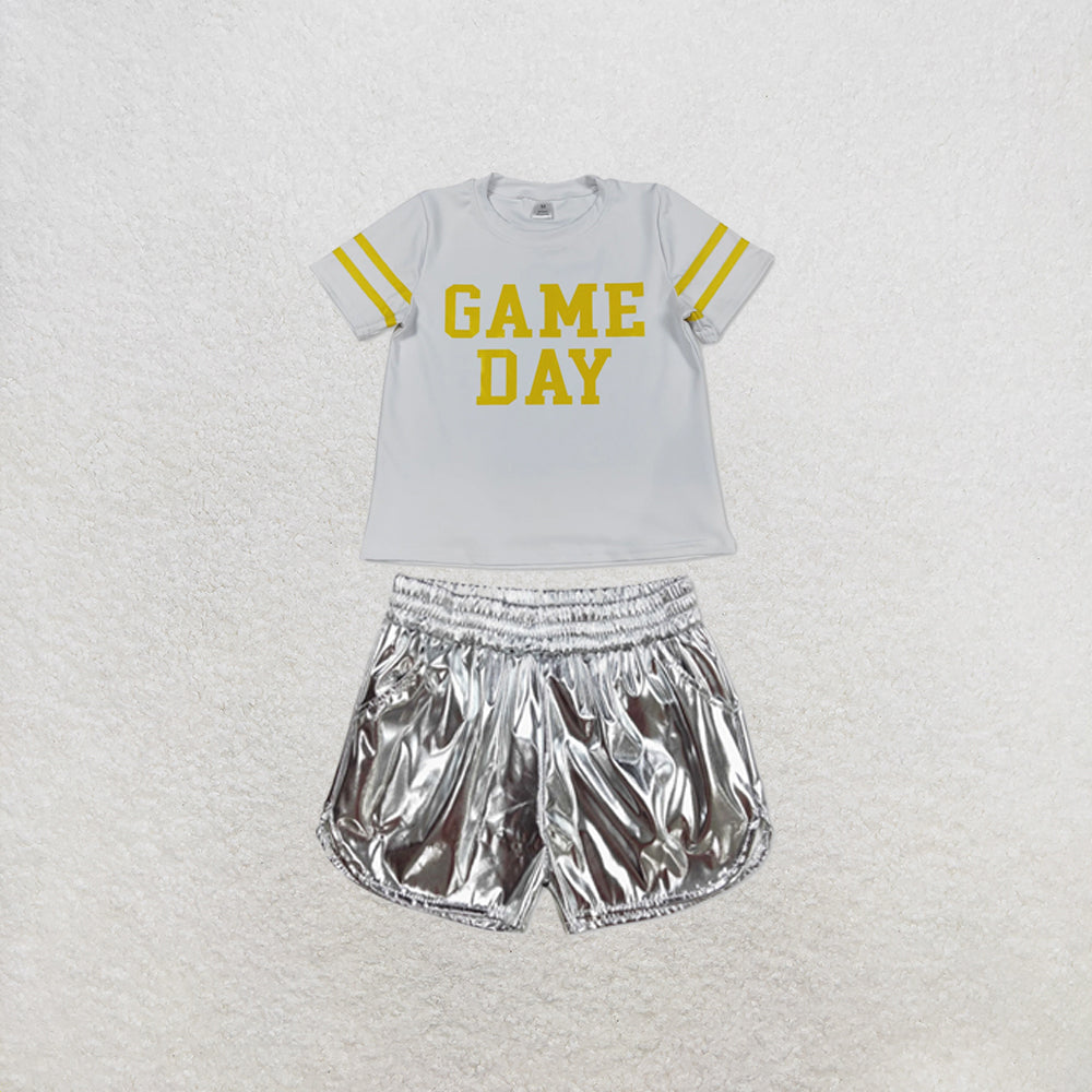 RTS NO MOQ Sibling yoga fabric Baby Girls Yellow Vinyl Game Day Print Top Shorts Two Piece Team Active Clothes Set