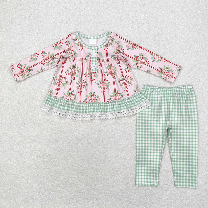 RTS NO MOQ milk silk polyester Baby Girls Christmas Holly Bow Sibling Rompers Clothes Sets