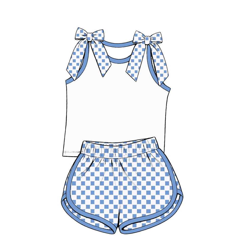 custom moq 5 mix size Baby Girls Light Blue Bow Sleeveless Top Shorts Summer Casual Clothes Set