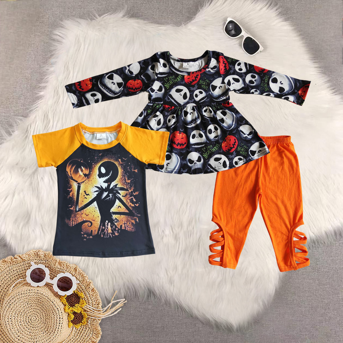 RTS NO MOQ Sibling Baby girls boys pumpkin long-sleeved trousers suit & top
