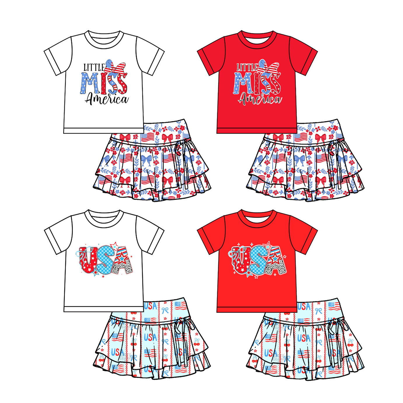 Custom moq 5 mix size Baby Girls' 4th of July Outfit Set Printed Short-Sleeved Top And Skirt